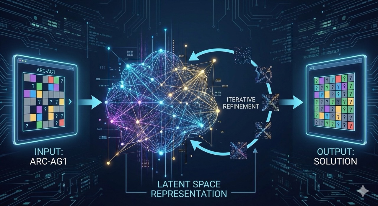 Latent space reasoning: input puzzle flows through compressed representation with iterative refinement to produce solution